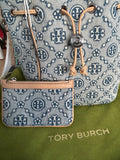 RRP £550 Tory Burch T MONOGRAM DENIM MINI BUCKET BAG