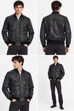 DIESEL L-OIUKI Men’s Black Leather Bomber Jacket Genuine Leather