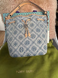 RRP £550 Tory Burch T MONOGRAM DENIM MINI BUCKET BAG