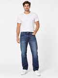 TRUE RELIGION RICKY Jeans W34 Men’s Relaxed Straight Fit Blue Denim Red Stitch