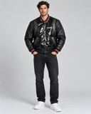DIESEL L-BILLY Leather Jacket Men’s Size L Black Glossy Varsity Bomber