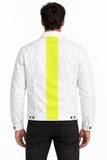 DIESEL D-HILL S8U2 Men's White Denim Jacket Neon Yellow Stripe Authentic