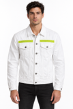 DIESEL D-HILL S8U2 Men's White Denim Jacket Neon Yellow Stripe Authentic