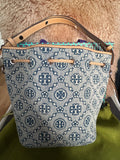 RRP £550 Tory Burch T MONOGRAM DENIM MINI BUCKET BAG