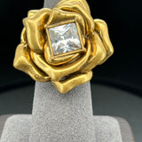 Vintage Gold Rose Ring with Sparkling Diamond Shape Crystal - Adjustable Size VIN004