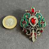 Style Rhinestone Brooch – Red & Green Crystal Filigree Design VIN005