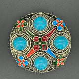 Vintage Inspired Round Brooch with Turquoise Cabochons & Enamel Floral Accents VIN006