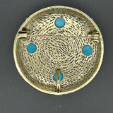 Vintage Inspired Round Brooch with Turquoise Cabochons & Enamel Floral Accents VIN006