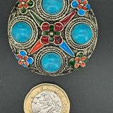 Vintage Inspired Round Brooch with Turquoise Cabochons & Enamel Floral Accents VIN006