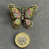 Filigree Butterfly Brooch with Multicolor Rhinestones VIN007