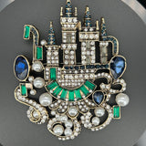 Large Inspired Vintage Castle Brooch – Rhinestone, Pearl & Emerald Accents VIN014