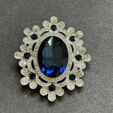 Vintage Inspired Silver Brooch with Large Sapphire Blue Gem and Rhinestones VIN022