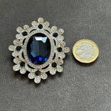 Vintage Inspired Silver Brooch with Large Sapphire Blue Gem and Rhinestones VIN022