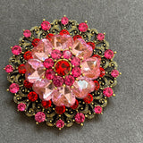 Vintage-Inspired Filigree Brooch with Pink & Red Crystals VIN023
