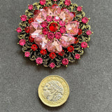 Vintage-Inspired Filigree Brooch with Pink & Red Crystals VIN023